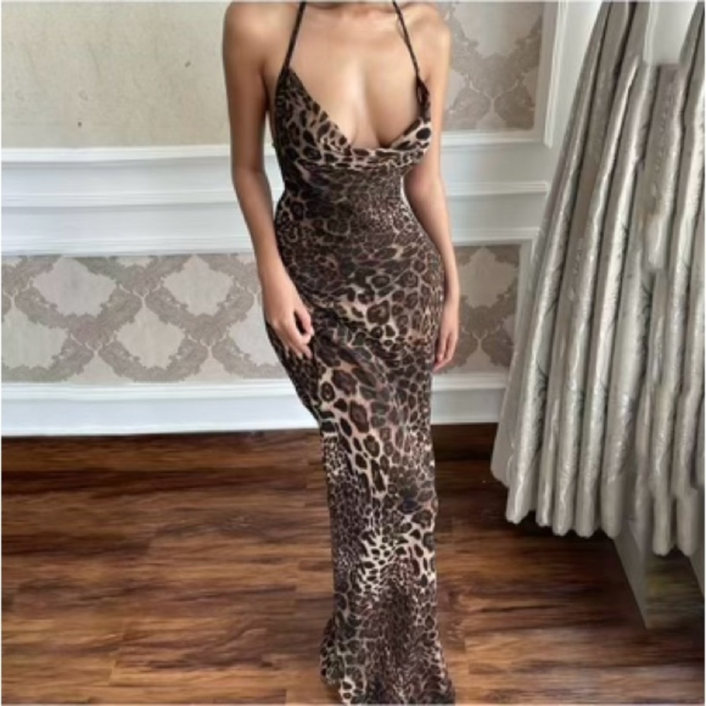 Leopard Print Backless Draped Halter Mermaid Dress, Sexy Tie Back Maxi Dress - Picture 2 of 2